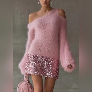 Blush Pink Off-Shoulder Fuzzy Sweater Dress with Sequin Hem